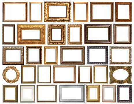 Set of isolated antique frames gold gilding Silver on a white background Stock Photos