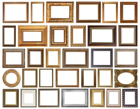 Set of isolated antique frames gold gilding Silver on a white background Stock Photos