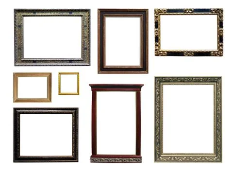 Set of isolated art empty frames in golden color Stock Photos
