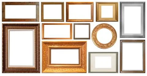 Set of isolated art empty frames in golden and silver color Stock Photos