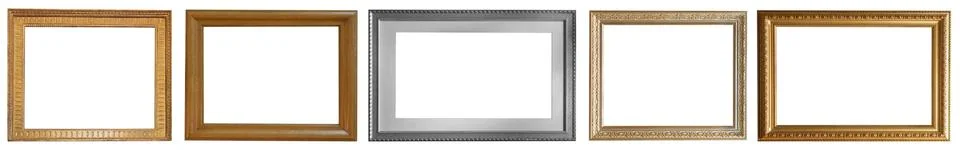 Set of isolated art empty frames in golden and silver color 스톡 사진