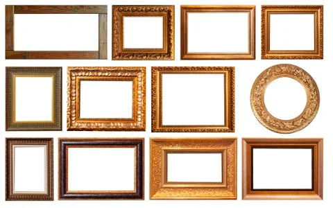 Set of isolated art empty frames in golden and silver color 스톡 사진