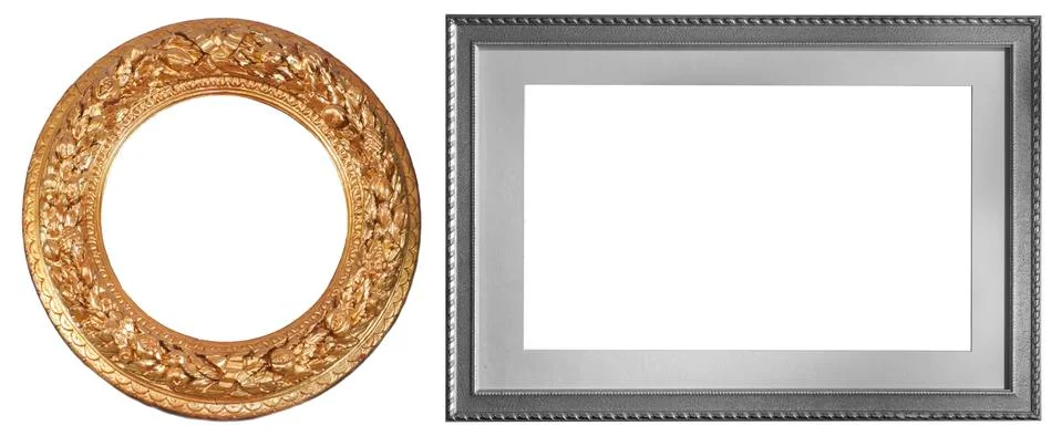 Set of isolated art empty frames in golden and silver color 스톡 사진