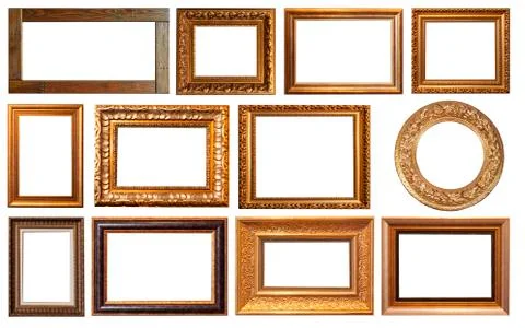 Set of isolated art empty frames in golden and silver color Stock Photos