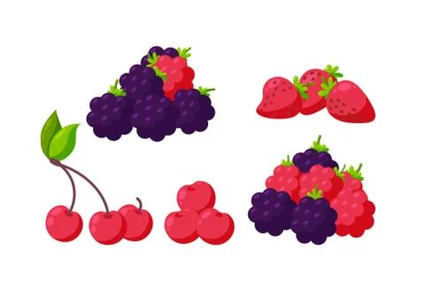 Set of isolated berries. Strawberry, raspberry, cherry and blackberry for Stock Illustration