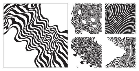 Set of isolated black and white wavy line patterns featuring flowing organic sha 스톡 일러스트