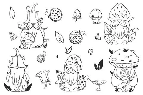 Set of isolated black gnomes with mashrooms, leaves, flowers and watermelon. Stock Illustration