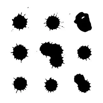 Set of Isolated black spots of ink. Blot print, ink splash on white backgroun Stock Illustration