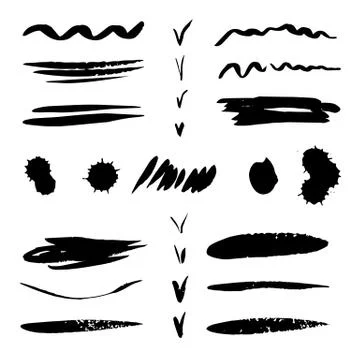 Set of Isolated black spots, lines, tick of ink. Blot print, ink splash on wh Stock Illustration