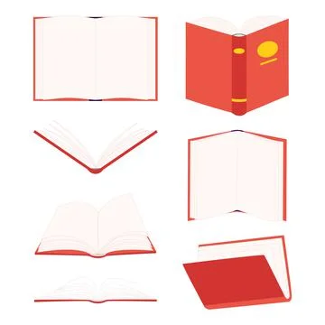 Set of isolated blank open book with red hardcover on white. Jpeg mock up icons Stock Illustration