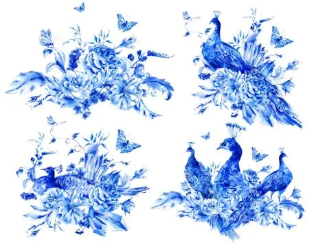Set of isolated blue watercolor flowers and peacock Stock Illustration