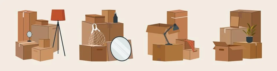Set of isolated cardboard boxes for moving. Stock Illustration