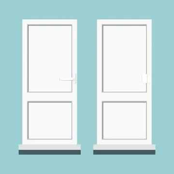 Set of isolated closed white plastic pvc room balcony doors with handle and t Illustrazione stock