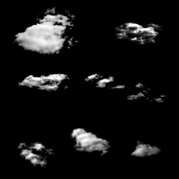 Set of isolated clouds on a black background. Stock Illustration