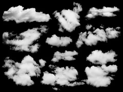 Set of isolated clouds over black. Stock Photos