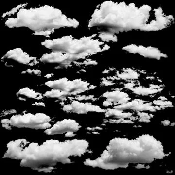 Set of isolated clouds over black. Stock Photos