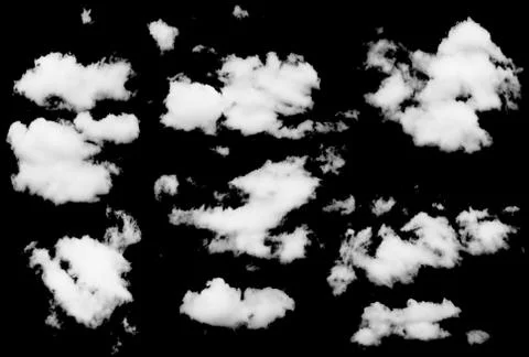 Set of isolated clouds over black. Stock Photos