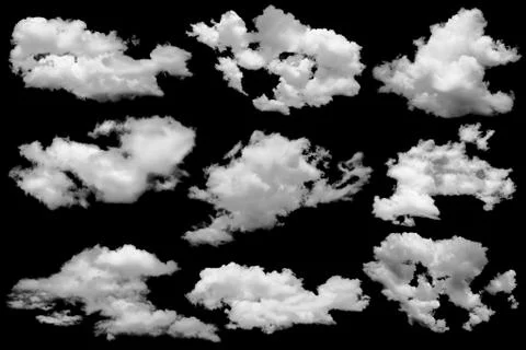 Set of isolated clouds over black. Design elements Fotos Stock