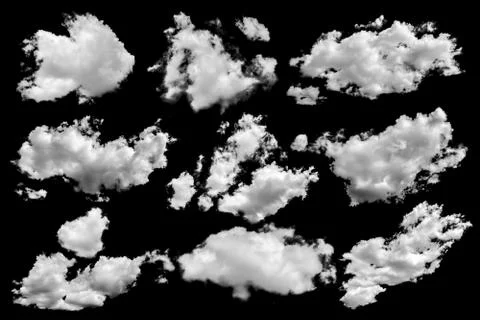Set of isolated clouds over black. Stock Photos
