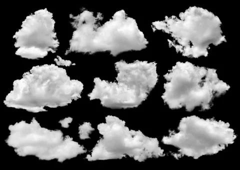 Set of isolated clouds over black. Stock Photos