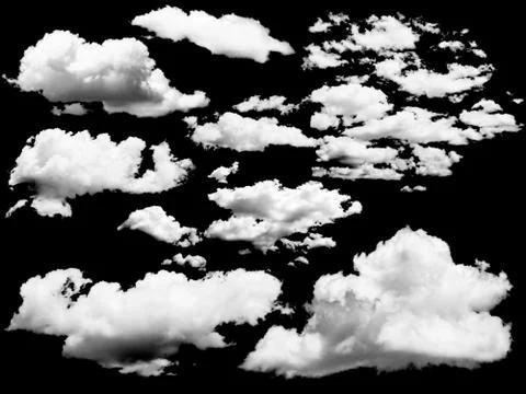 Set of isolated clouds over black. Foto stock
