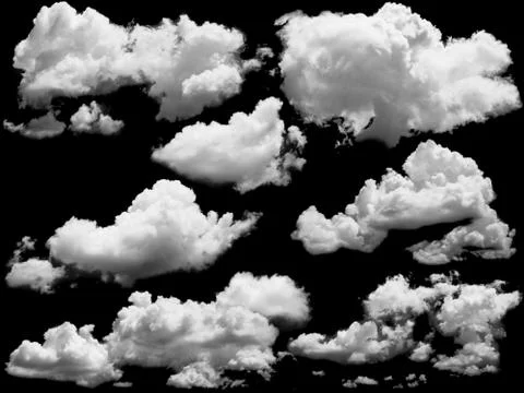 Set of isolated clouds over black. Stock Photos