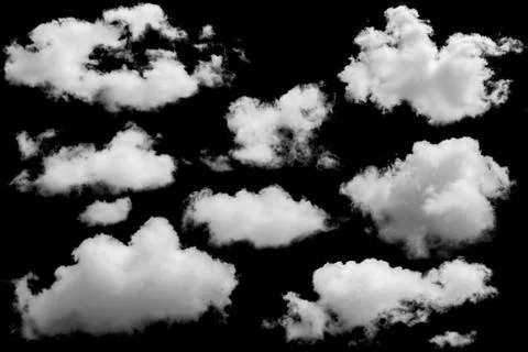 Set of isolated clouds over black. Stock Photos