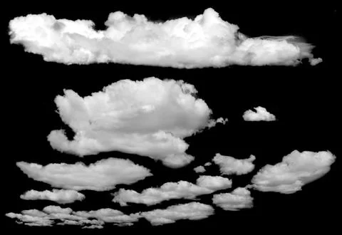 Set of isolated clouds over black. Stock Photos