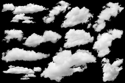 Set of isolated clouds over black. Design elements Foto stock