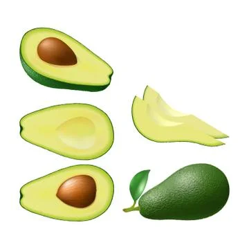 Set of isolated colored avocado half with pit, slices and whole juicy fruit with Stock Illustration