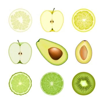 Set of isolated colored circle slices of bergamot, lime, lemon, pomelo, apple Stock Illustration