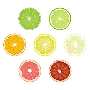 Set of isolated colored circle slices of bergamot, lime, lemon, orange, pomel Stock Illustration