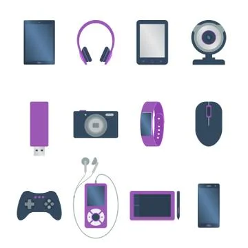 Set of Isolated colored electronic gadget, book reader, tablet, web camera, s Stock Illustration