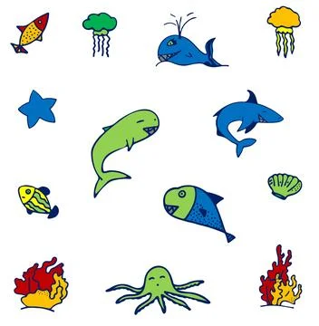 Set of isolated colored fish, seashell, starfish, jellyfish and coral on white Stock Illustration