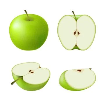 Set of isolated colored green apple half, slice and whole juicy fruit on white Stock Illustration