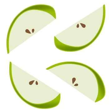 Set of isolated colored green apple , slice and whole juicy fruit Stock Illustration