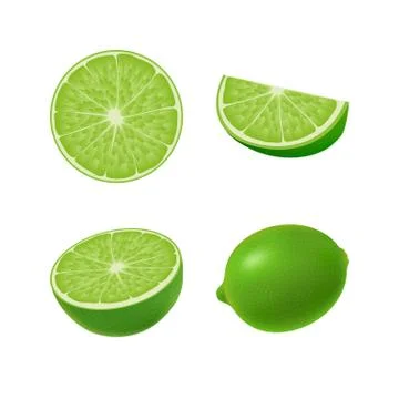 Set of isolated colored green lime, half, slice, circle and whole juicy fruit Stock Illustration