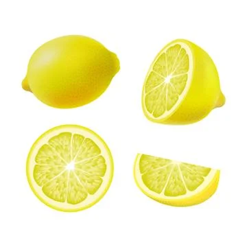 Set of isolated colored lemons, half, slice, circle and whole juicy fruit on  Stock Illustration