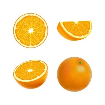 Set of isolated colored orange, half, slice, circle and whole juicy fruit on  Illustrazione stock