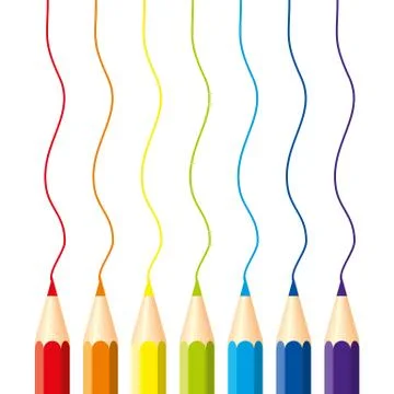 Set of isolated colored pencils: red, orange, blue, light blue, violet, green Stock Illustration
