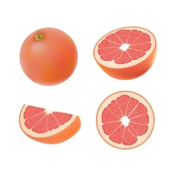 Set of isolated colored pink grapefruits, half, slice, circle and whole juicy Stock Illustration