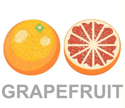 Set of isolated colored pink grapefruits, half, slice, circle and whole juicy Stock Illustration