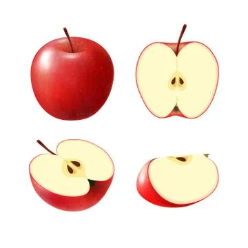 Set of isolated colored red apple half, slice and whole juicy fruit on white  Stock Illustration