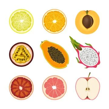 Set of isolated colored slices of lemon, orange, apricot, passion fruit, pawp Stock Illustration
