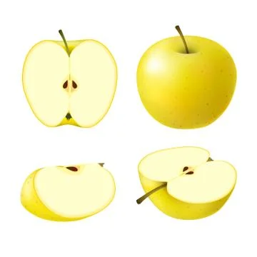 Set of isolated colored yellow apple half, slice and whole juicy fruit on whi Stock Illustration
