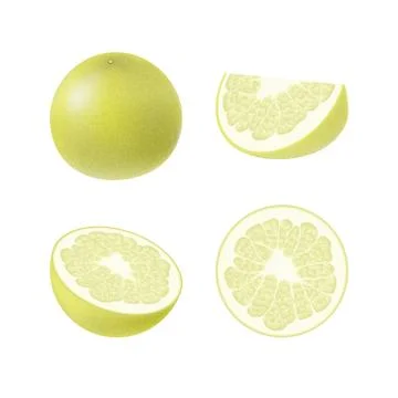 Set of isolated colored yellow pomelo, half, slice, circle and whole juicy fr Stock Illustration