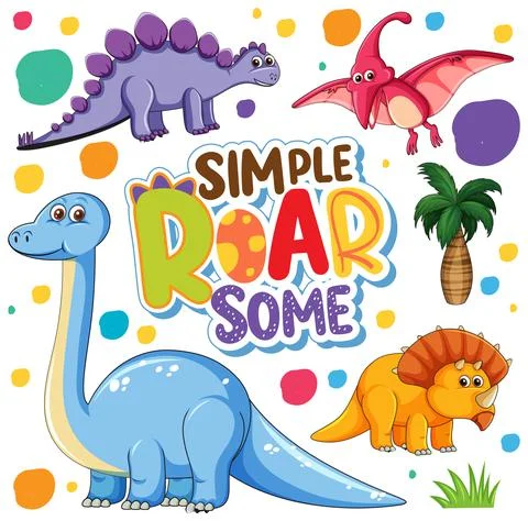 Set of isolated cute dinosaurs cartoon character with font banner Stock Illustration