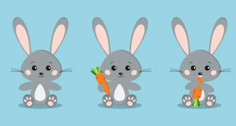 Set of isolated cute grey rabbits in sitting pose with carrot in paw, eating  Stock Illustration