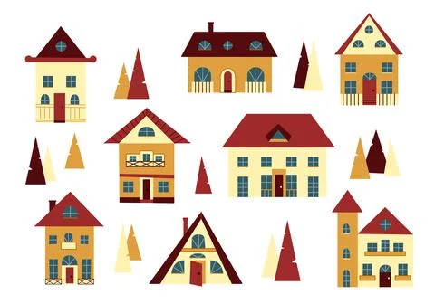 Set of isolated cute tiny houses, small buildings and pines in flat style. Stock Illustration