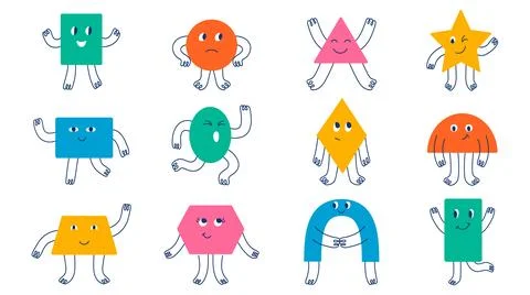 Set isolated different funky colorful basic geometric figures. Stock-Illustration